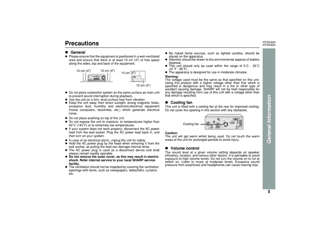 Sharp HT-DV50H, HT-DV40H operation manual Precautions, General, Cooling fan, Volume control 