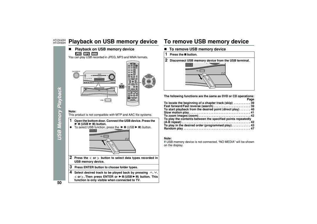 Sharp HT-DV40H, HT-DV50H operation manual Playback on USB memory device, To remove USB memory device, USB Memory Playback 