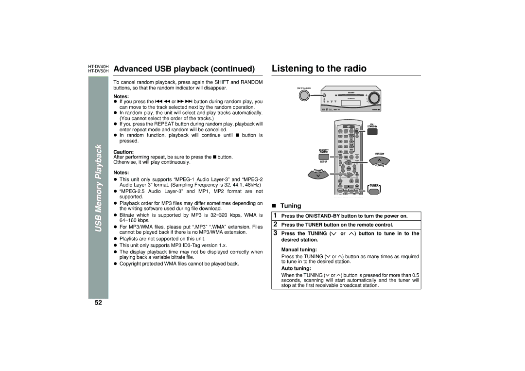 Sharp HT-DV40H, HT-DV50H operation manual Listening to the radio, Tuning, Auto tuning 