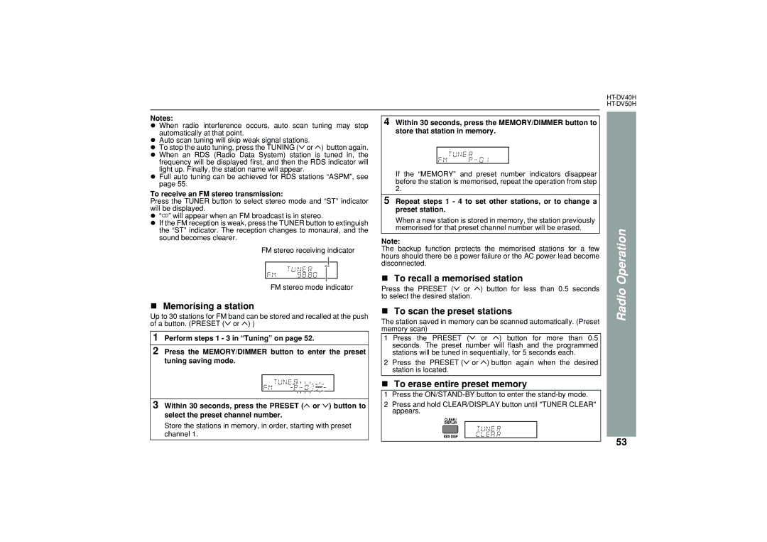 Sharp HT-DV50H, HT-DV40H Radio Operation, Memorising a station, To recall a memorised station, To scan the preset stations 