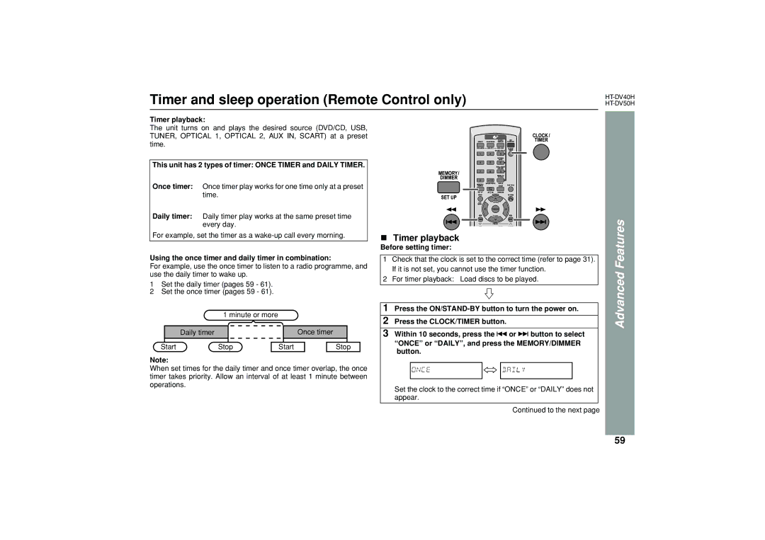 Sharp HT-DV50H, HT-DV40H operation manual Timer and sleep operation Remote Control only, Timer playback 