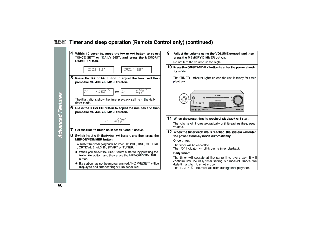 Sharp HT-DV40H, HT-DV50H operation manual When the preset time is reached, playback will start, Daily timer 