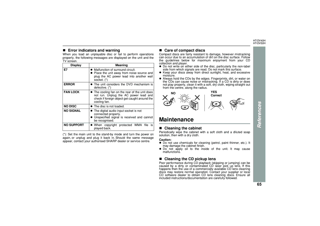 Sharp HT-DV50H, HT-DV40H Maintenance, Error indicators and warning, Care of compact discs, Cleaning the cabinet 