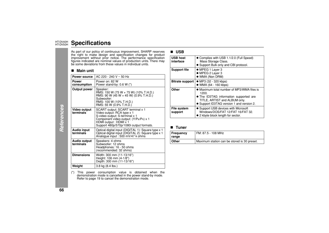 Sharp HT-DV40H, HT-DV50H operation manual Specifications, Main unit 