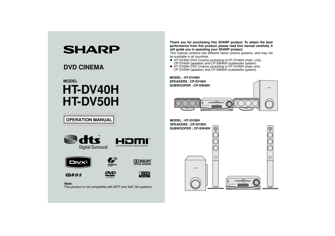 Sharp operation manual Model, MODEL HT-DV40H SPEAKERS CP-DV40H SUBWOOFER CP-SW40H, HT-DV40H HT-DV50H, Dvd Cinema 