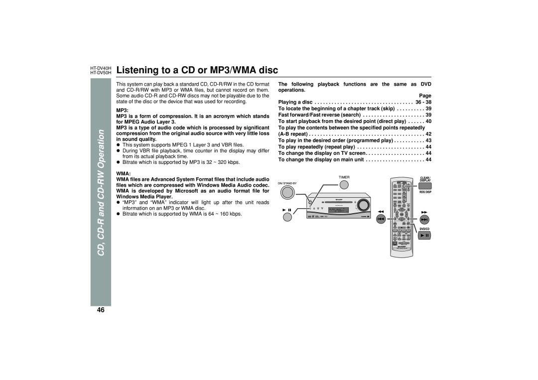 Sharp HT-DV40H, HT-DV50H operation manual Listening to a CD or MP3/WMA disc, CD, CD-R and CD-RW Operation 