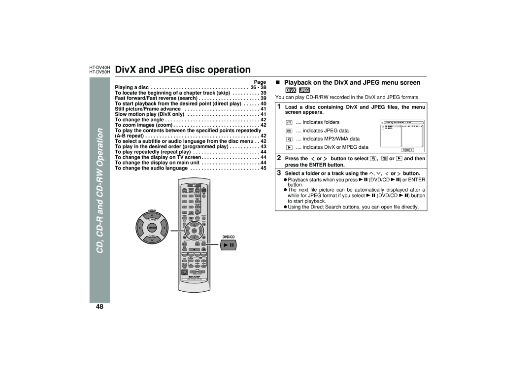 Sharp HT-DV40H DivX and JPEG disc operation, and CD-RW Operation, Cd, Cd-R, Playback on the DivX and JPEG menu screen 