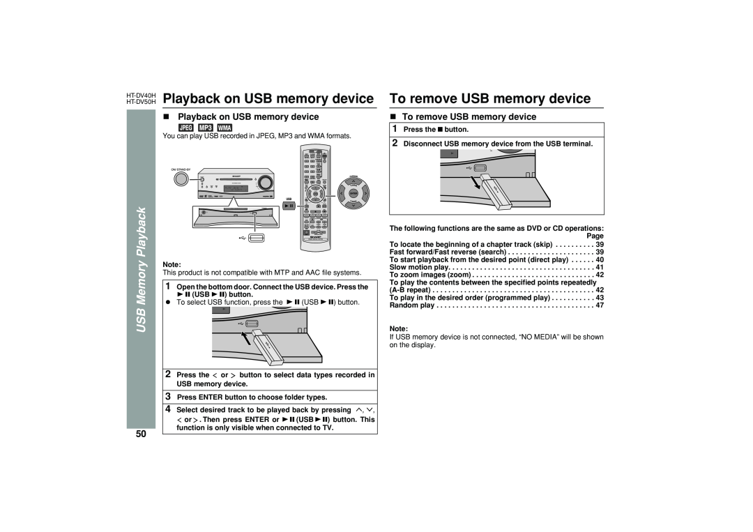 Sharp HT-DV40H, HT-DV50H Playback on USB memory device, To remove USB memory device, USB Memory Playback, USB button 