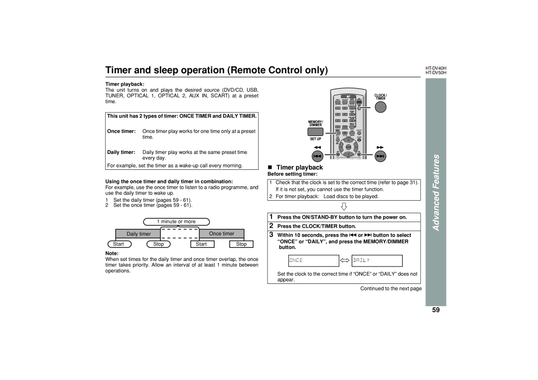 Sharp HT-DV50H Timer and sleep operation Remote Control only, Timer playback, Before setting timer, Advanced Features 