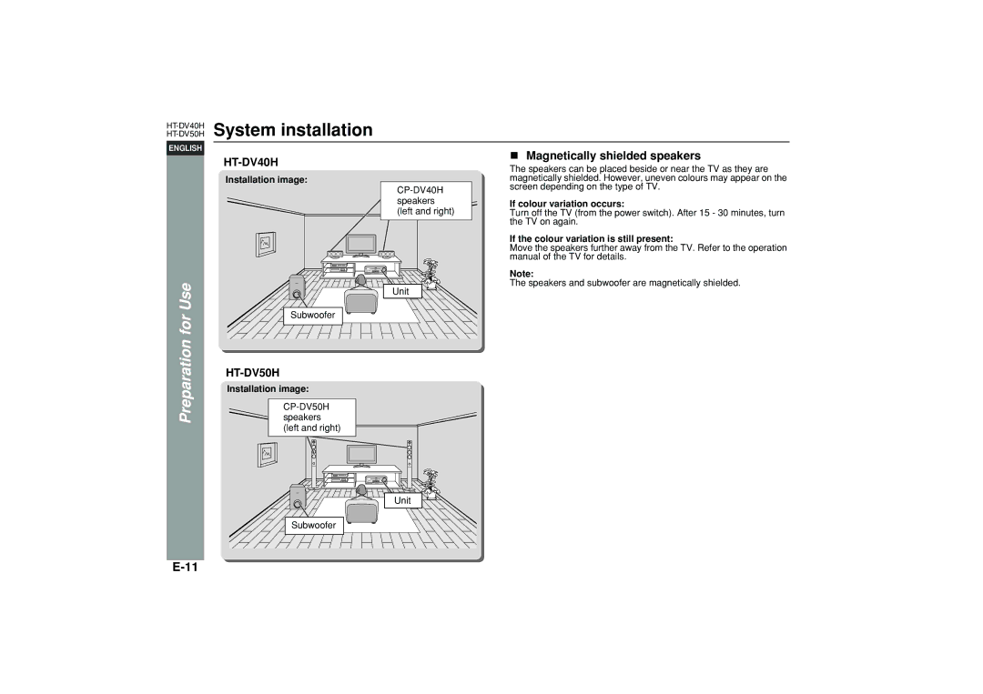 Sharp HT-DV40H System installation, Magnetically shielded speakers, Installation image, If colour variation occurs 