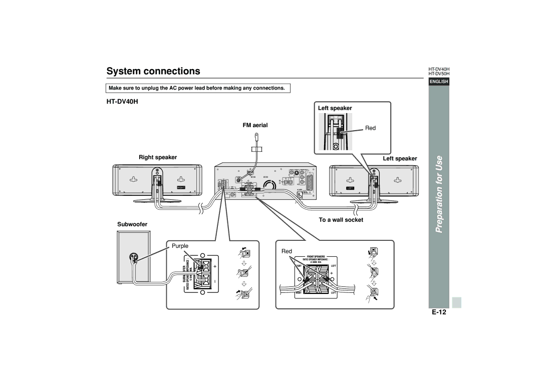 Sharp HT-DV40H operation manual System connections, Left speaker 