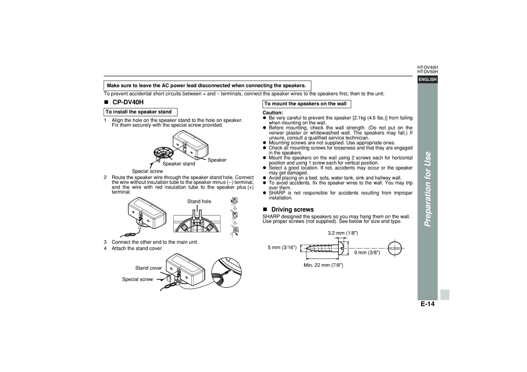 Sharp HT-DV40H operation manual Driving screws, To install the speaker stand, To mount the speakers on the wall 