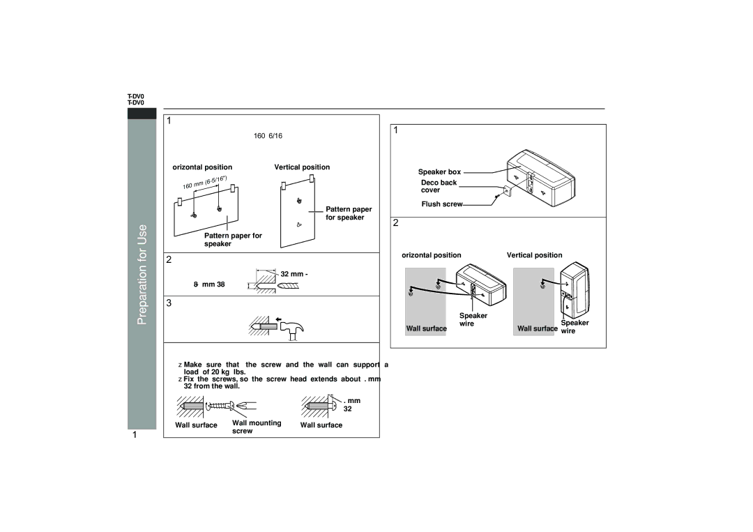 Sharp HT-DV40H operation manual Installing the speakers, Wall, Vertical position, Make a hole in the wall using a drill 