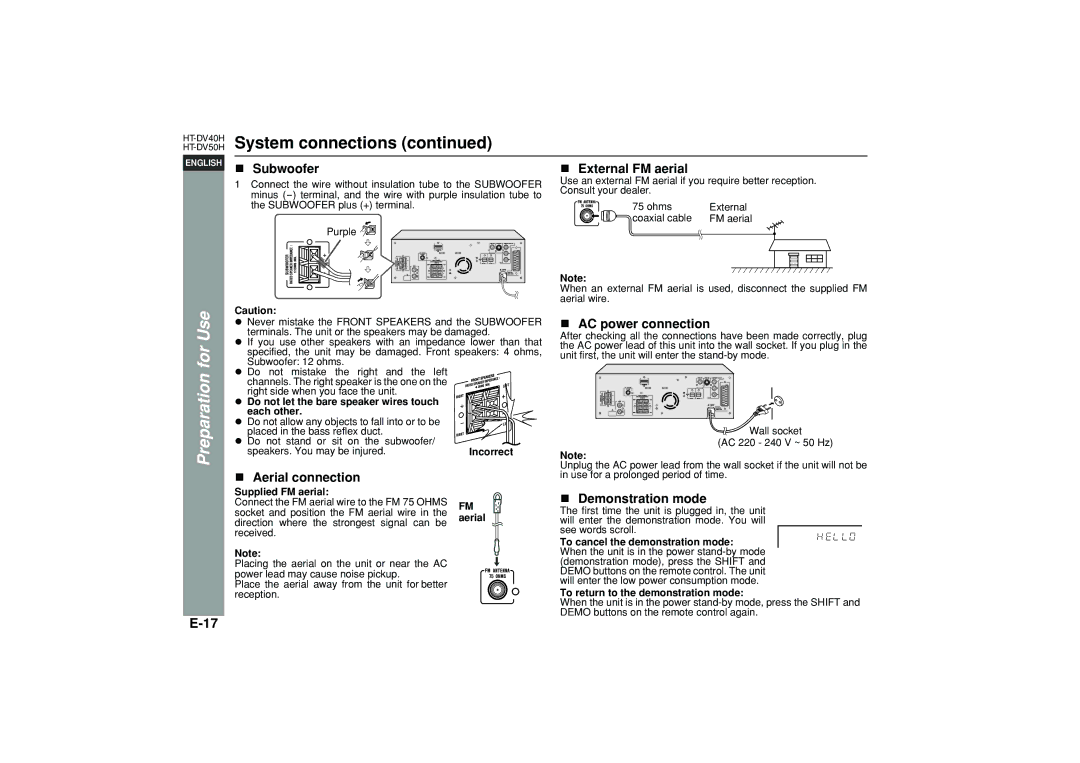 Sharp HT-DV40H operation manual Subwoofer, Aerial connection, External FM aerial, AC power connection, Demonstration mode 