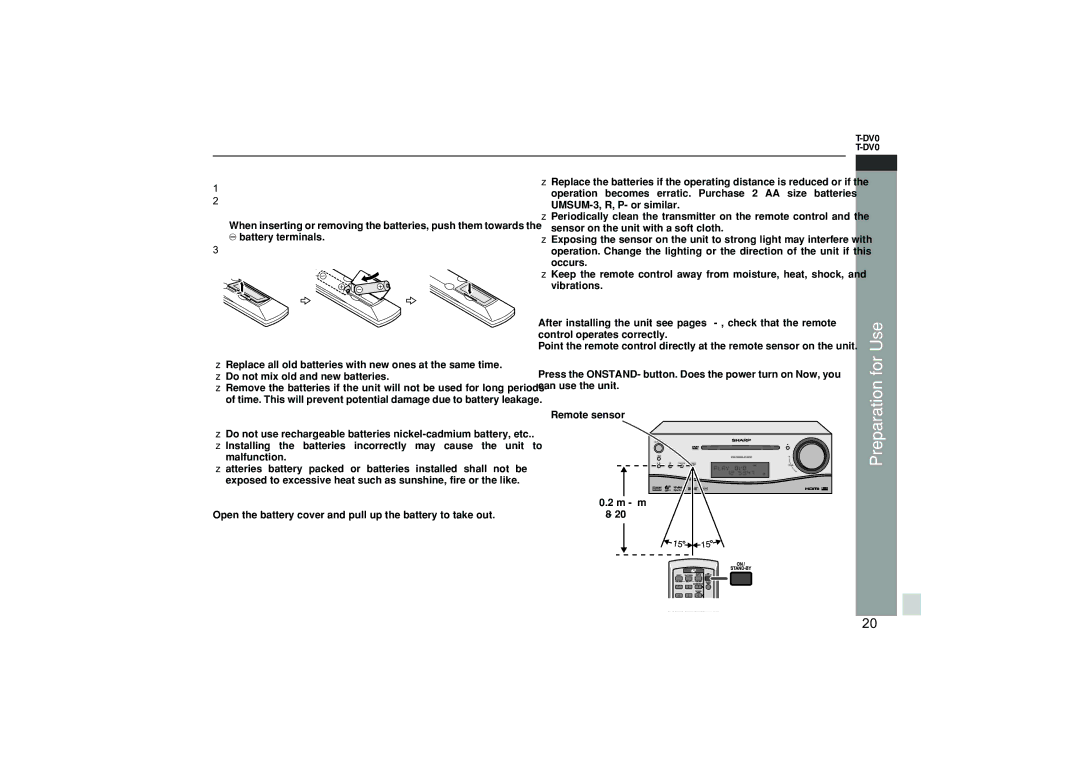 Sharp HT-DV40H operation manual Remote control, Battery installation, Test of the remote control, Battery removal 