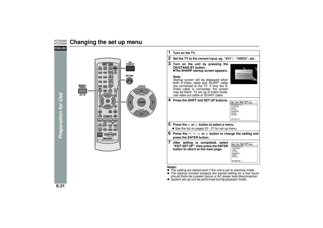 Sharp operation manual HT-DV40HChanging the set up menu 