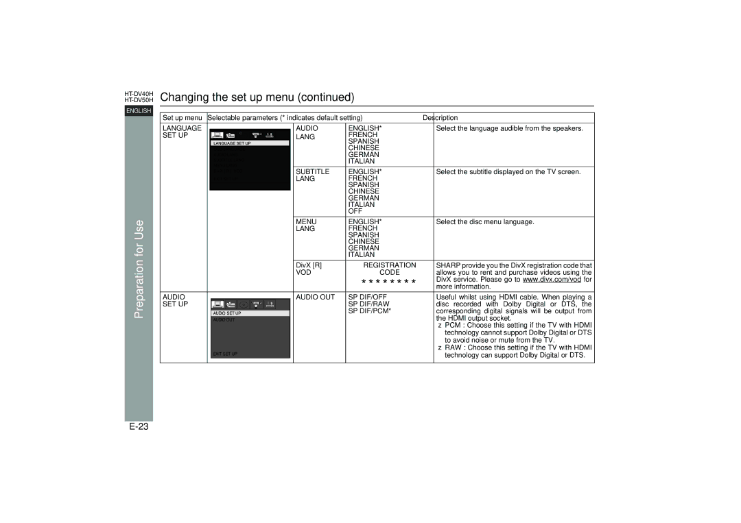 Sharp HT-DV40H operation manual Changing the set up menu 