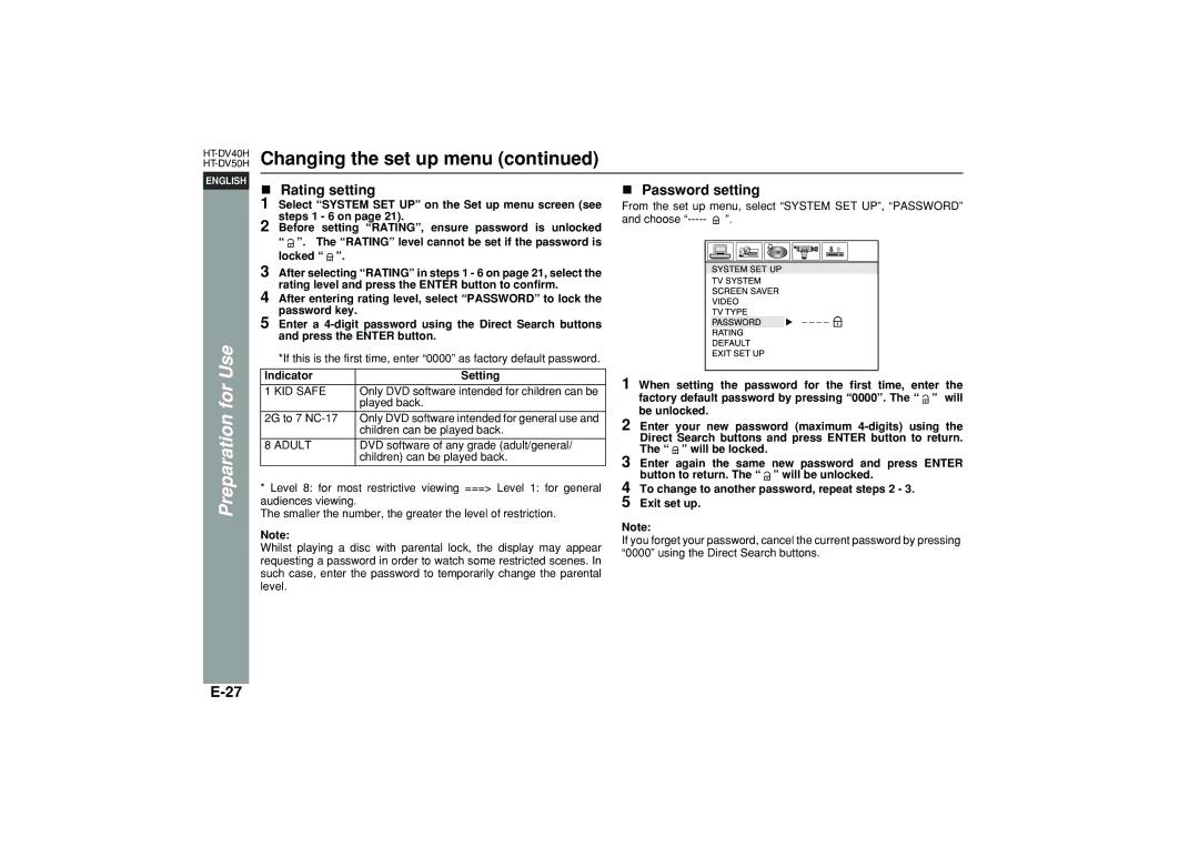 Sharp HT-DV40H operation manual Rating setting, Password setting 