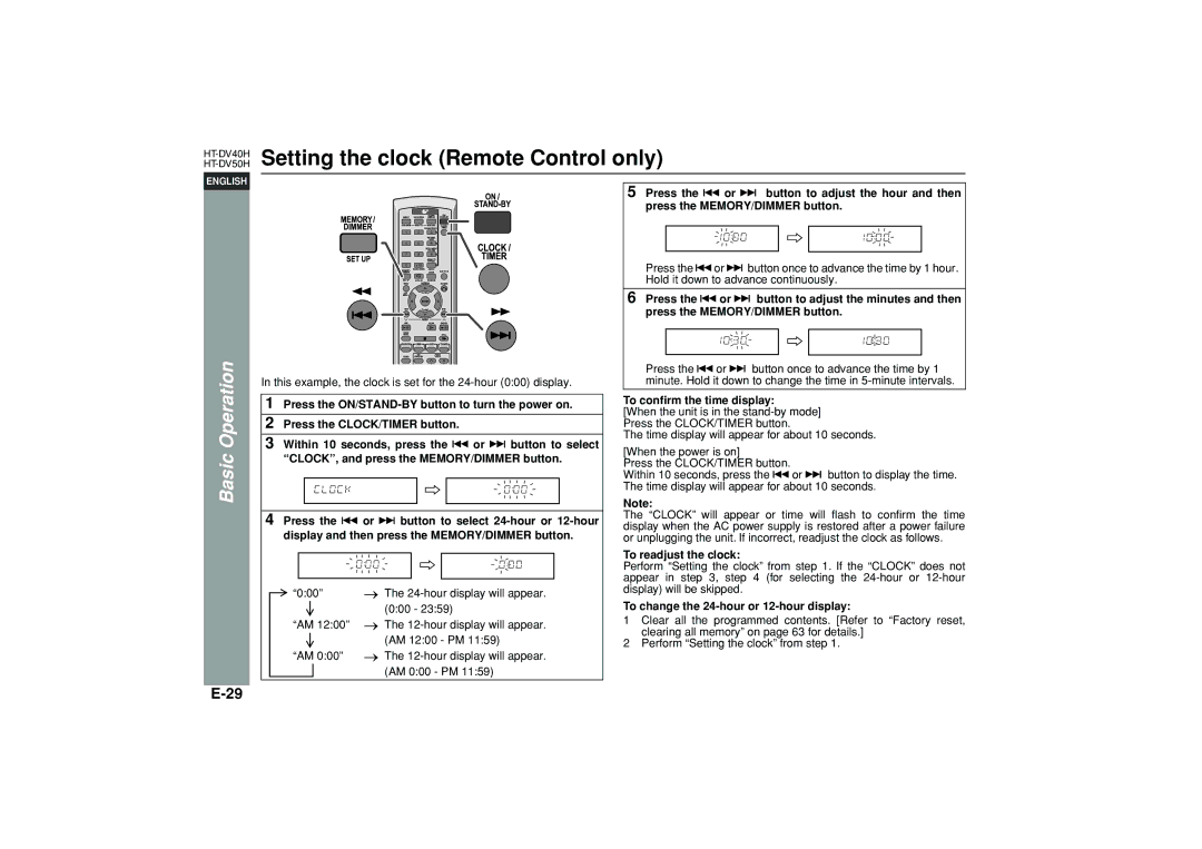 Sharp HT-DV40H operation manual Setting the clock Remote Control only, To conﬁrm the time display, To readjust the clock 