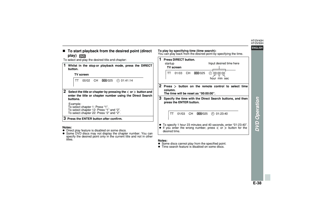 Sharp HT-DV40H operation manual To start playback from the desired point direct play, Press the Enter button after confirm 