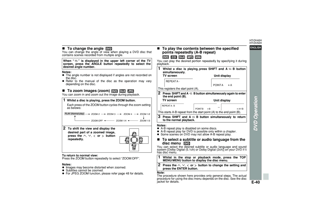 Sharp HT-DV40H To change the angle, To zoom images zoom, To select a subtitle or audio language from the disc menu 