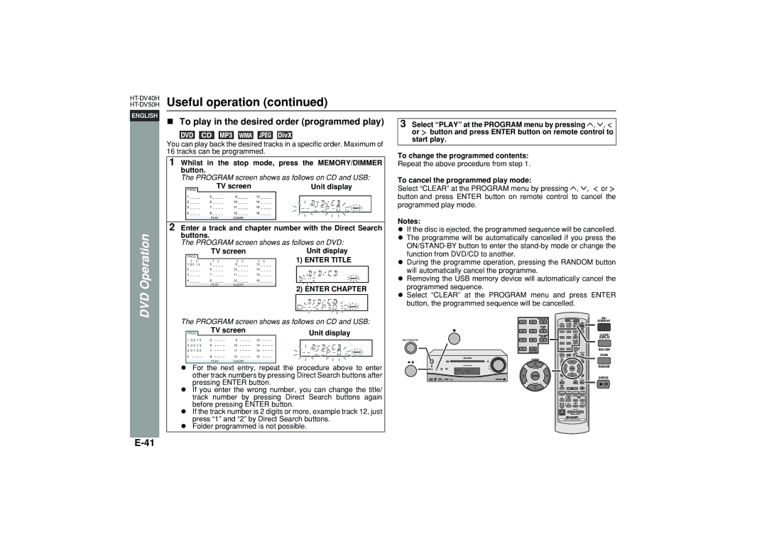 Sharp HT-DV40H To play in the desired order programmed play, Whilst in the stop mode, press the MEMORY/DIMMER button 