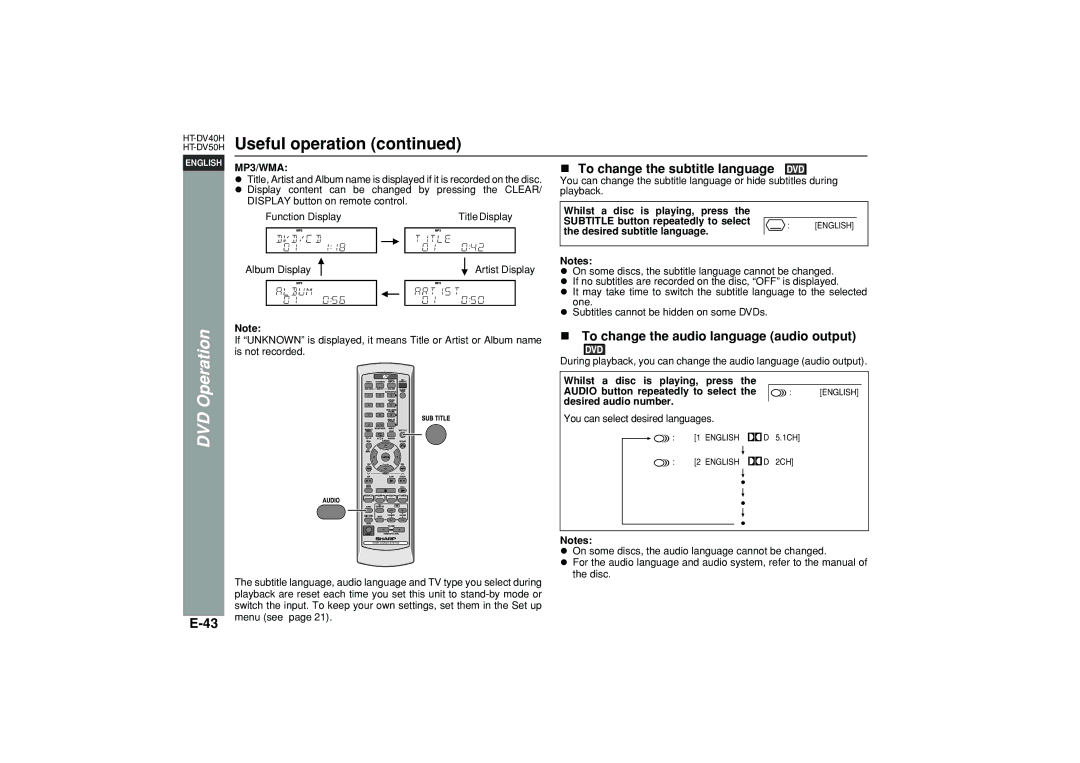 Sharp HT-DV40H To change the subtitle language, To change the audio language audio output, MP3/WMA, Desired audio number 