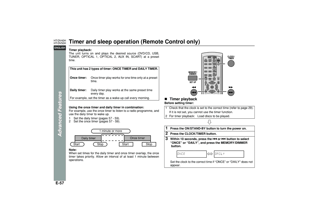 Sharp HT-DV40H operation manual Timer and sleep operation Remote Control only, Timer playback 