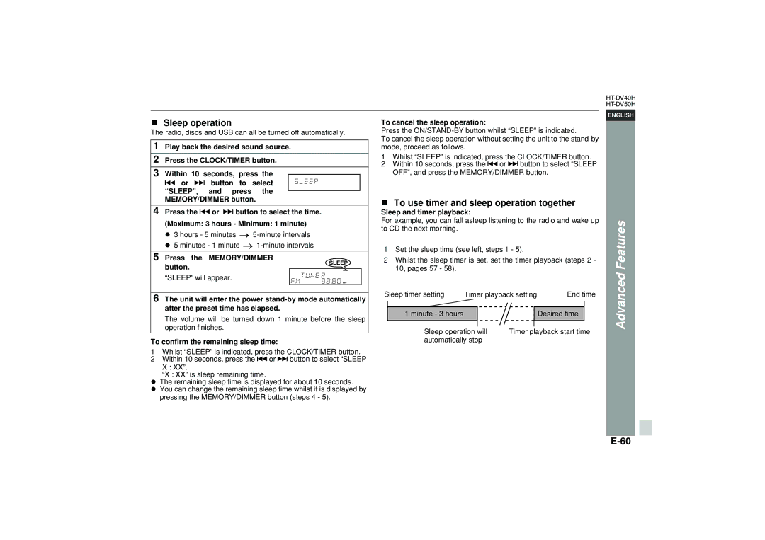 Sharp HT-DV40H operation manual Sleep operation, To use timer and sleep operation together 