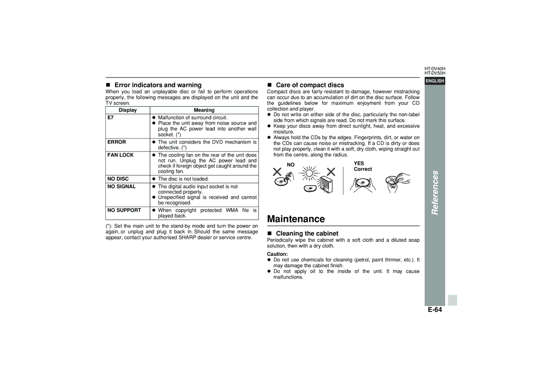 Sharp HT-DV40H operation manual Maintenance, Error indicators and warning, Care of compact discs, Cleaning the cabinet 