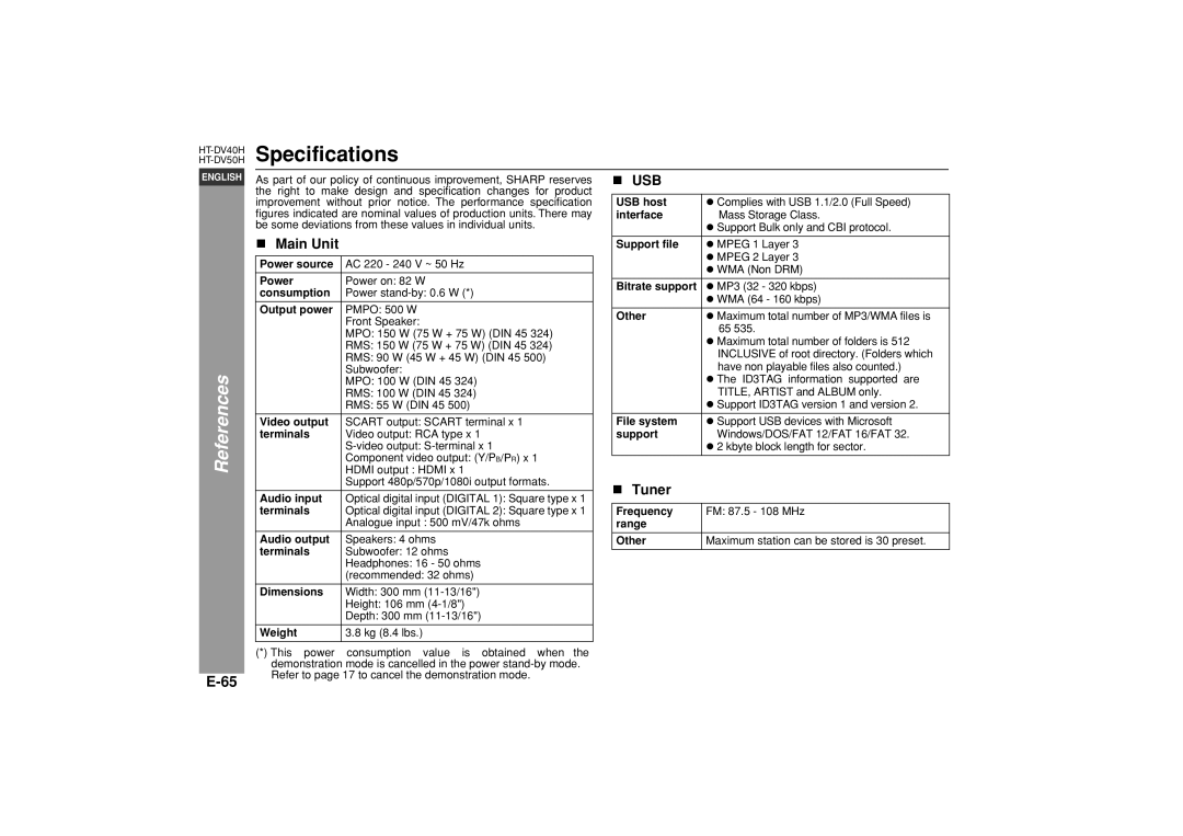 Sharp HT-DV40H operation manual Specifications, Main Unit 