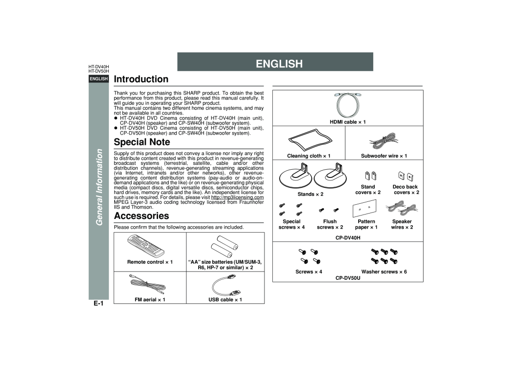 Sharp HT-DV40H operation manual Introduction, Special Note, Accessories, General Information, English 