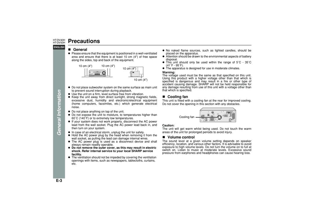 Sharp HT-DV40H operation manual Precautions, Cooling fan, Volume control, General Information 