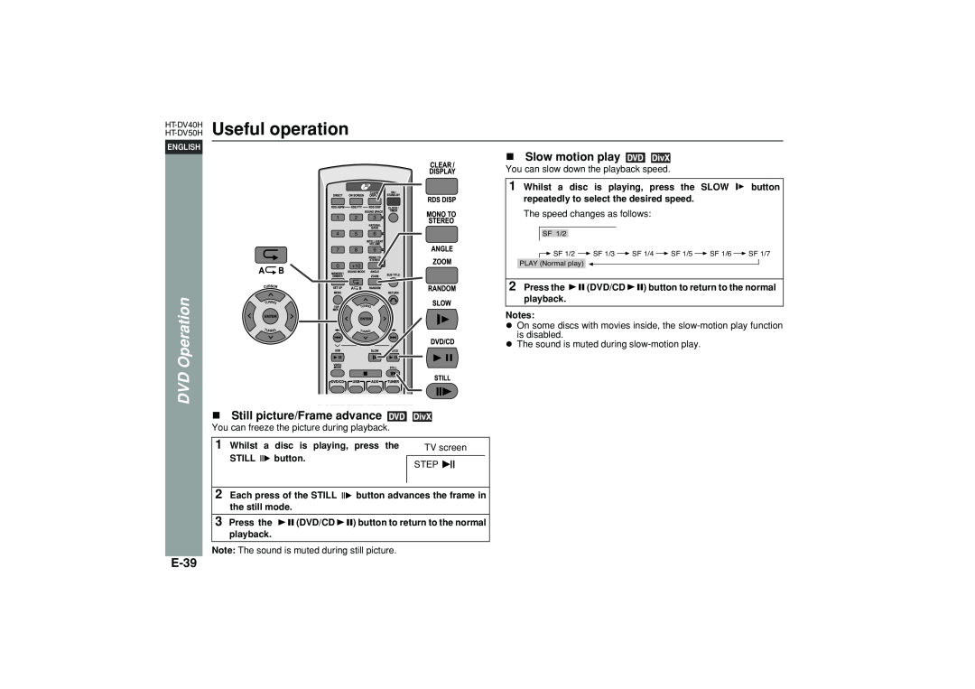 Sharp HT-DV40H operation manual Useful operation, E-39, Slow motion play, Still picture/Frame advance 