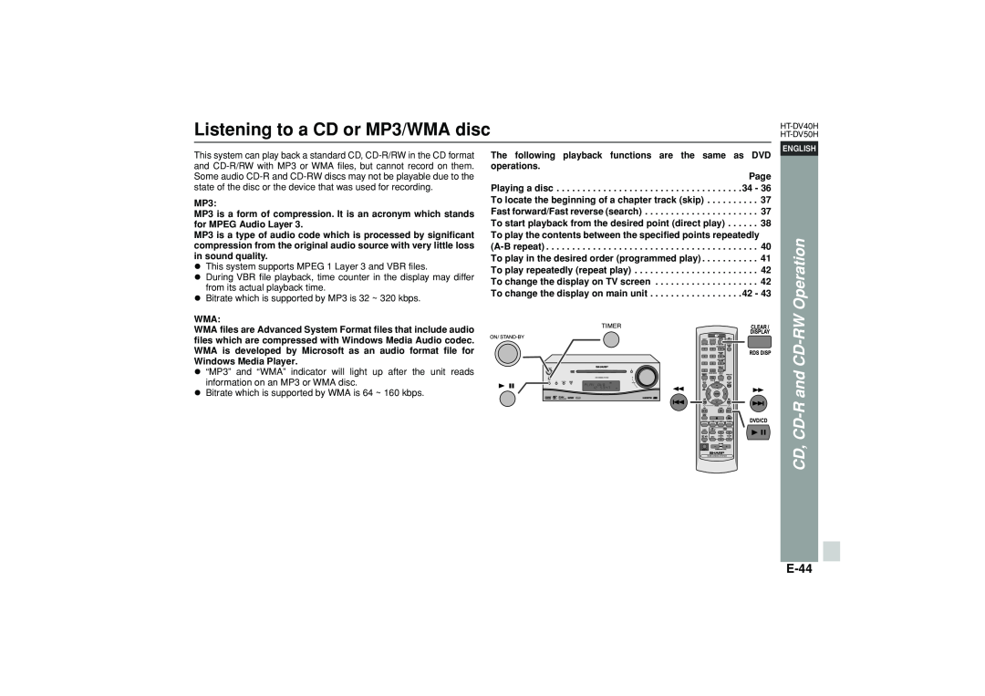 Sharp HT-DV40H operation manual Listening to a CD or MP3/WMA disc, CD, CD-Rand CD-RWOperation, E-44 
