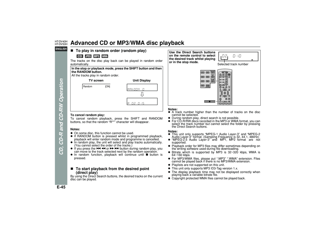 Sharp HT-DV40H Advanced CD or MP3/WMA disc playback, E-45, To play in random order random play, CD, CD-Rand CD-RWOperation 