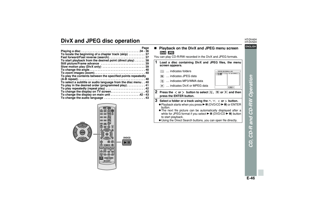 Sharp HT-DV40H DivX and JPEG disc operation, and CD-RWOperation, Cd, Cd-R, E-46, Playback on the DivX and JPEG menu screen 