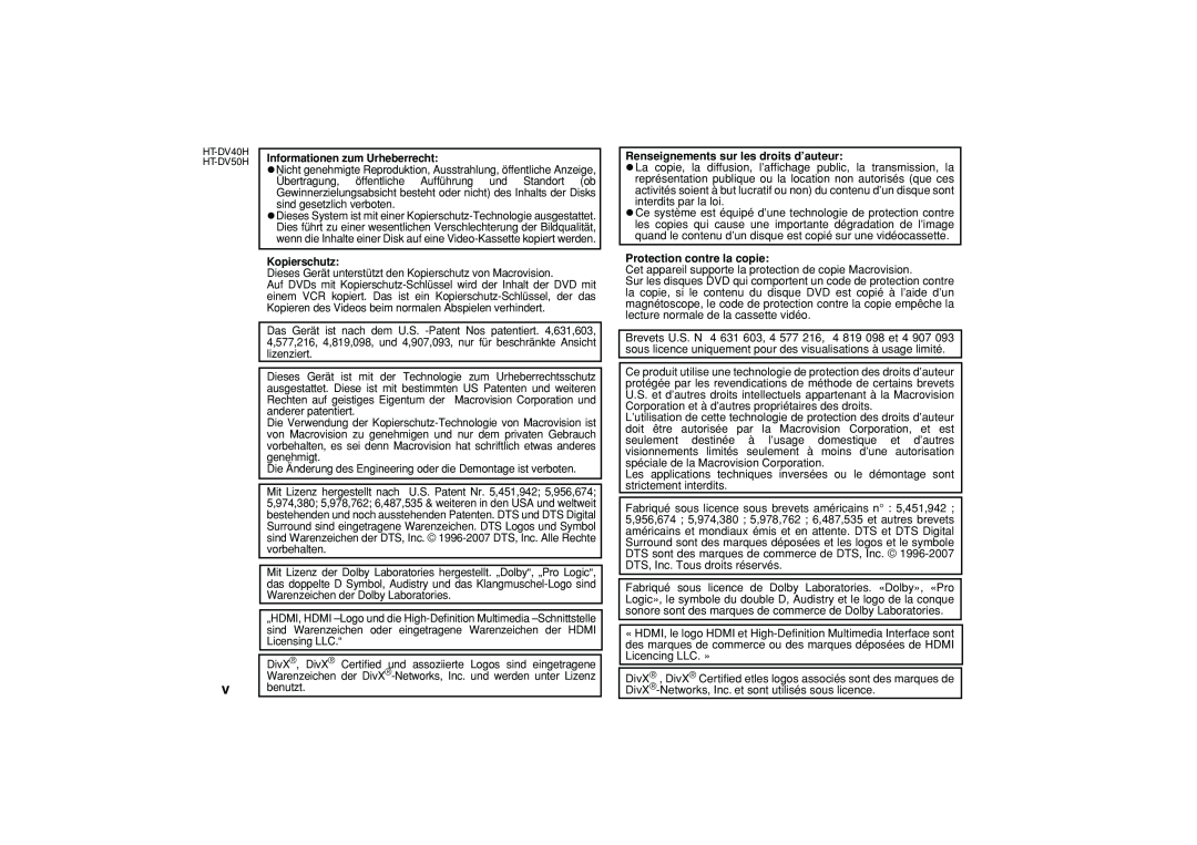 Sharp HT-DV40H Renseignements sur les droits d’auteur, Protection contre la copie, Informationen zum Urheberrecht 