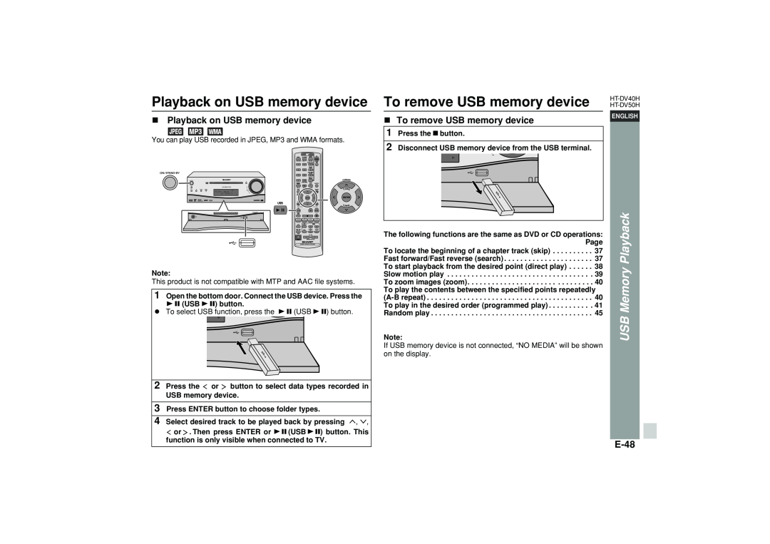 Sharp HT-DV40H operation manual Playback on USB memory device, To remove USB memory device, USB Memory Playback, E-48 