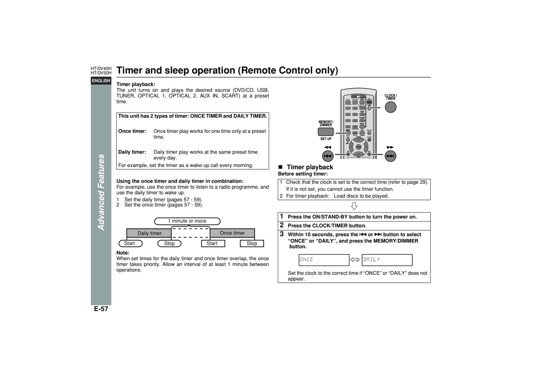 Sharp HT-DV40H operation manual Timer and sleep operation Remote Control only, E-57, Timer playback, Advanced Features 