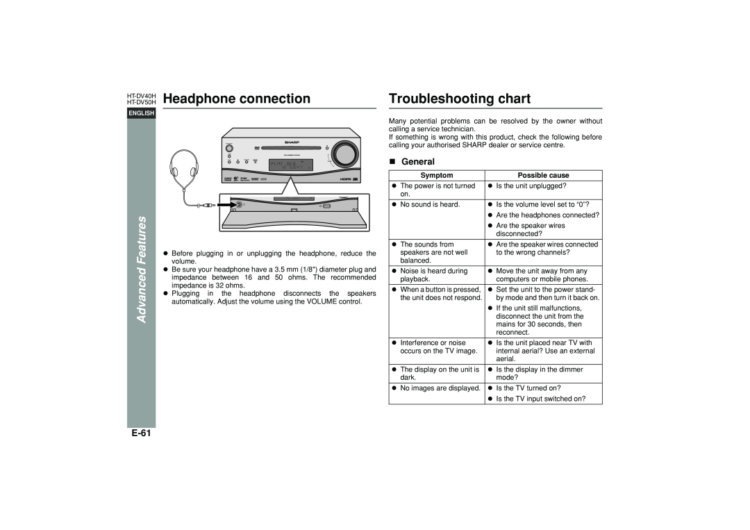 Sharp HT-DV40H operation manual Headphone connection, Troubleshooting chart, E-61, Advanced Features, General 