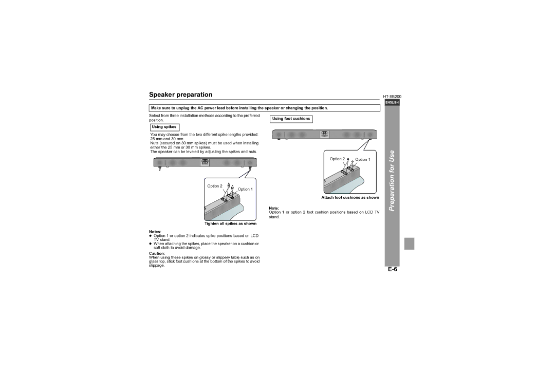 Sharp HT-SB200 operation manual Tighten all spikes as shown, Attach foot cushions as shown 