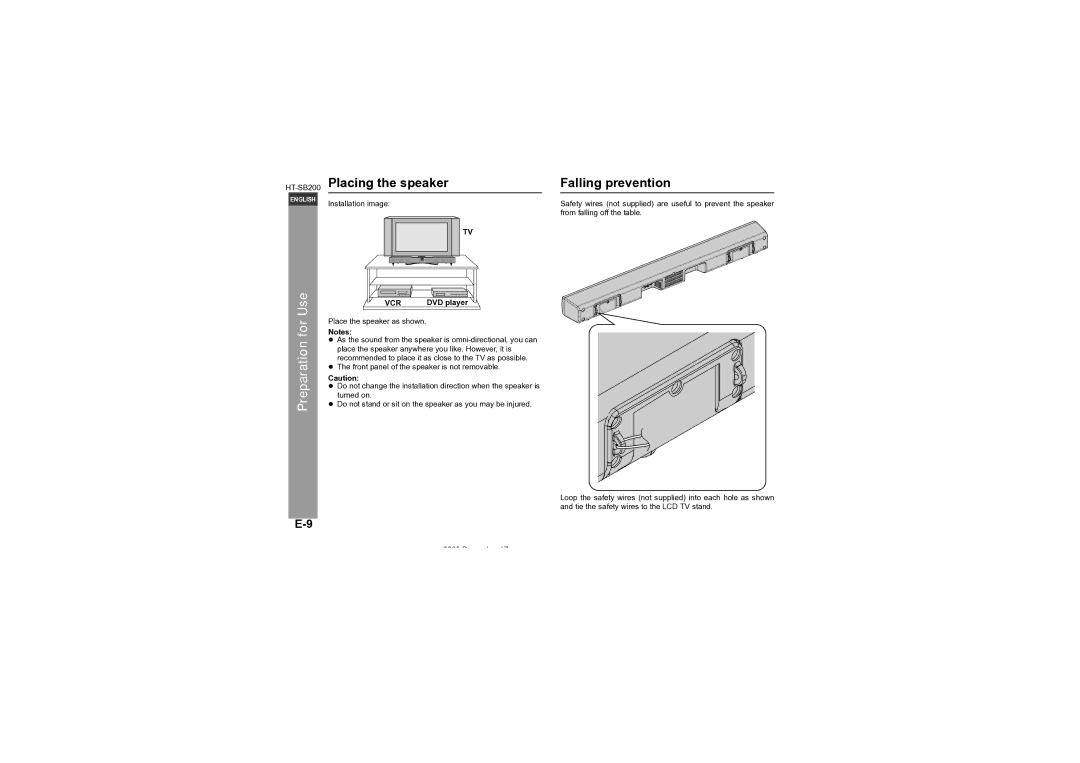 Sharp HT-SB200 operation manual Placing the speaker, Falling prevention, DVD player 