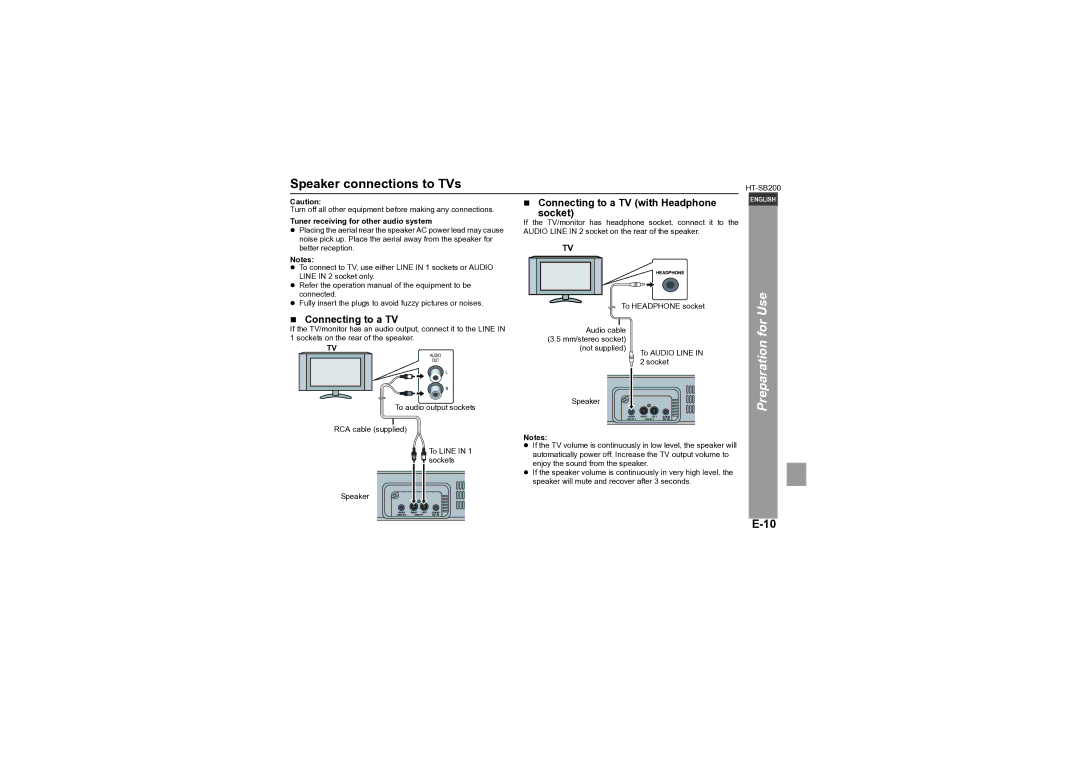 Sharp HT-SB200 operation manual Speaker connections to TVs, „ Connecting to a TV with Headphone Socket 