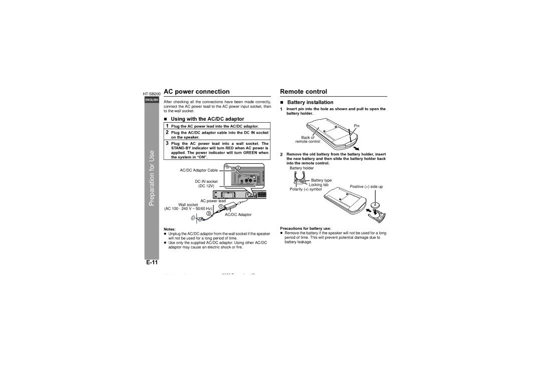 Sharp HT-SB200 operation manual AC power connection, Remote control, „ Using with the AC/DC adaptor, „ Battery installation 