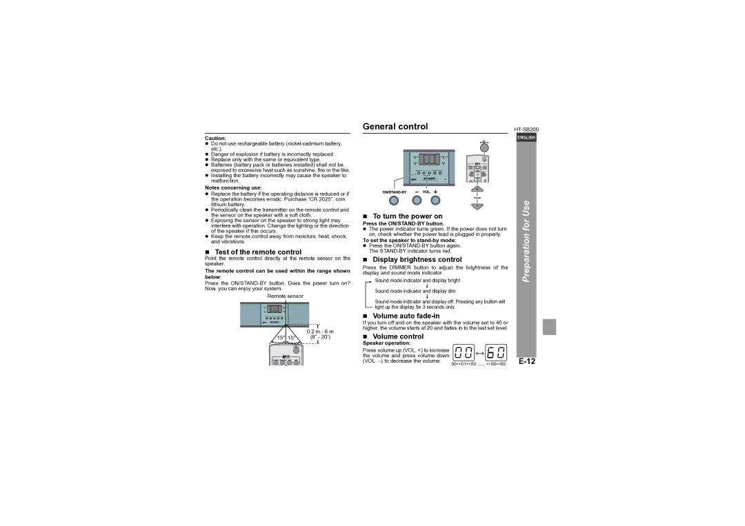 Sharp HT-SB200 General control, „ Test of the remote control, „ To turn the power on, „ Display brightness control 