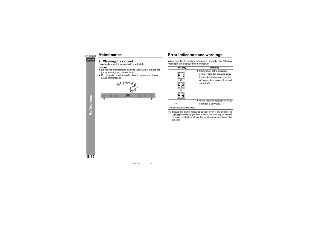 Sharp HT-SB200 operation manual Maintenance, Error indicators and warnings, „ Cleaning the cabinet, Display Meaning 