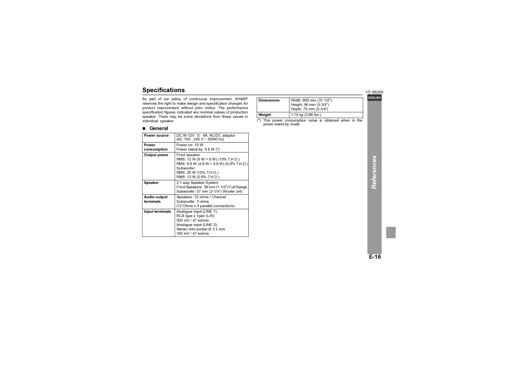 Sharp HT-SB200 operation manual Specifications 