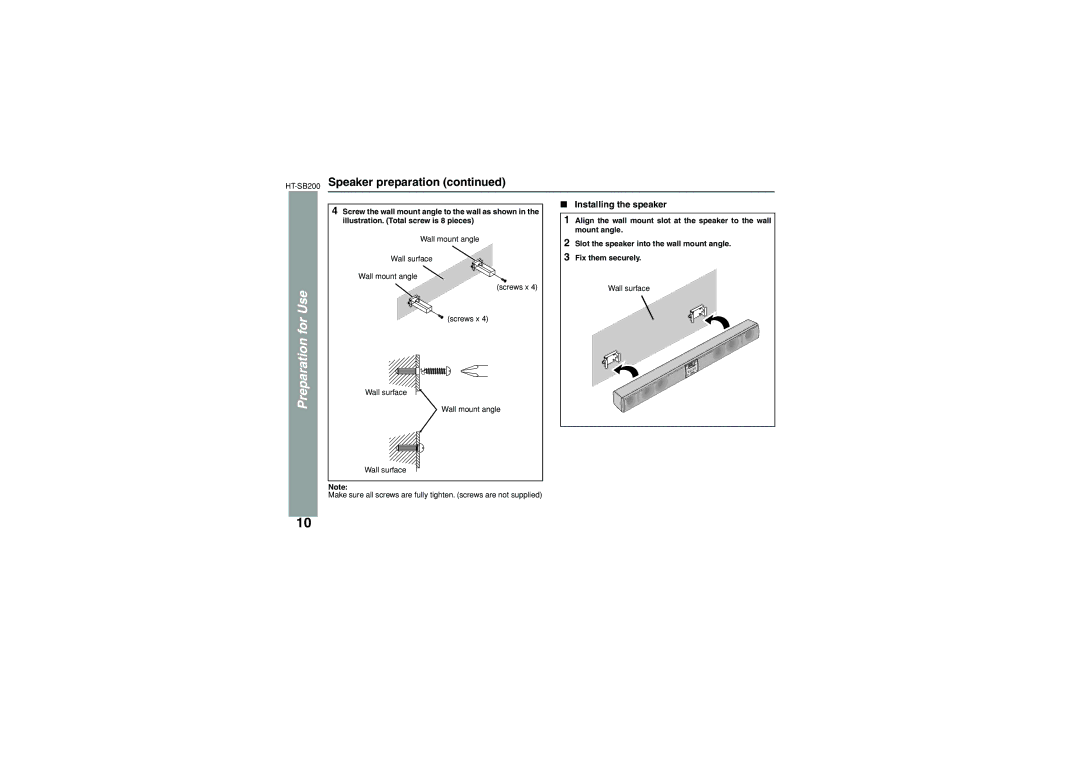 Sharp HT-SB200 operation manual Installing the speaker 