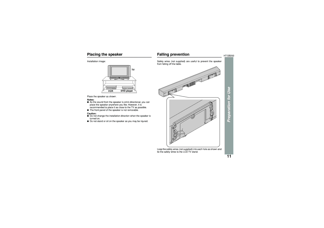 Sharp HT-SB200 operation manual Placing the speaker, Falling prevention, DVD player 